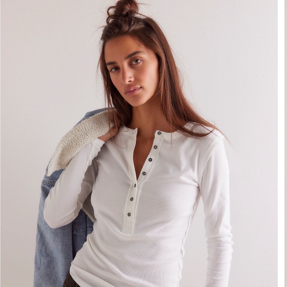 Free People Black Long Sleeve Waffle Top